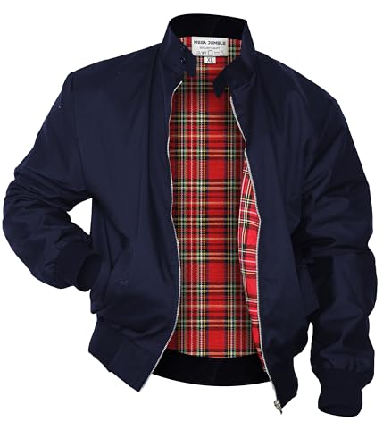 Image of Mega_Jumble Mens Vintage Harrington Jacket Classic Retro Mod Skin Scooter 1970's Bomber Tartan Check Lining Retro Style Coat (UK, Alpha, L, Regular, Regular, Navy)