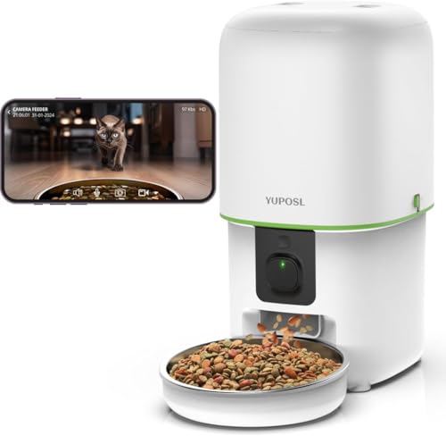 Yuposl 自動給餌器 猫 暗視カメラ付き 5G WiFi スマホ遠隔操作 1080P 動画 音声録音 4L容量 中小型犬用 1日15食 餌の鮮度保持 2WAY給電 無制限置き場所 水洗い可能 ステンレス製ボウル 手動給餌 設定・お手入れ簡単 ホワイト
