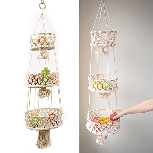 SnyRult Multi Tier Hanging Basket Macrame Fruit Storage Container Organizer Cotton Rope Hanging Plant Pot for Home Kitchen Garden Decor (Size : 3-Layer)