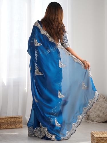 Image of Satrani Women's Tissue Silk Sequin Embroidery Scalloped Border Saree with Unstitched Blouse Piece