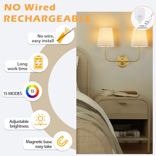 Image of PASSICA DECOR Vintage Gold 2-Light Battery Operated Double Wall Sconce with Dual Head Dimmable Wireless Sconces with Remote Control Indoor Wall Lamps for Bedroom Living Room Hallway
