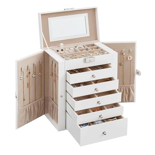 SONGMICS 6 Tier Jewelry Box, Jewelry Case with 5 Drawers, Large Storage Capacity, with Mirror, Lockable, Jewelry Storage Organizer, Gift for Loved Ones, For Watches, White UJBC152W01