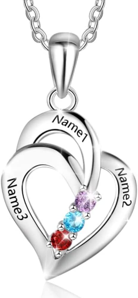 Personalized Birthstone Necklace for Women - Custom 3 Names Engraved Heart Pendant with Birth Month Stones, 925 Sterling Silver Family Jewelry Gifts for Mom Grandma Wife, Mother's Day Birthday Gift