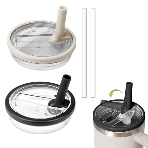 Cainor 40oz Stanley Cup Zubehör Deckel für Stanley Cups 2er Pack, Stanley Cup Zubehör auslaufsicherer Schutzdeckel mit zwei Strohhalmen (Creme und Schwarz)