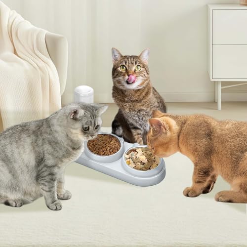 Marchul 3-in-1 Katzennapf, Futter und Wassernapf Set mit Wasserspender, Edelstahlnäpfe, 15° geneigtes Haustier Erhöhung für Indoor-Katzen, kleine oder mittelgroße Hunde, Grau Blau
