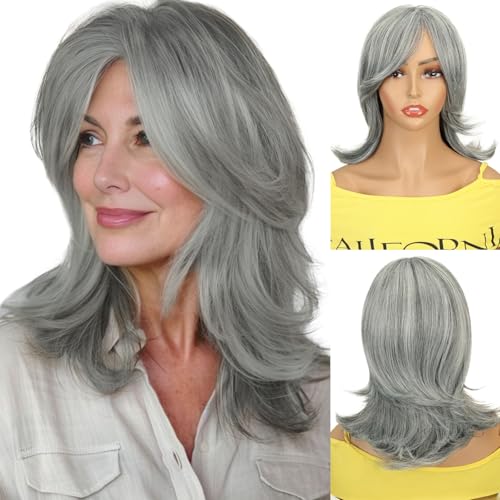 Image of 15 Inch Layered Synthetic Hair Wig for Women with Curtain Bangs(#Grey)