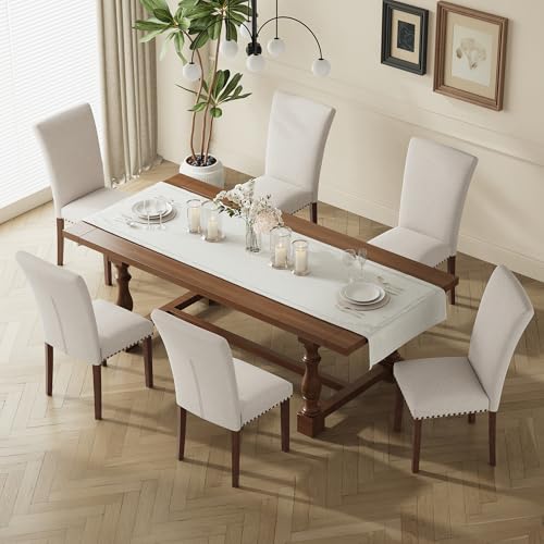 MALOL High Back Dining Chairs Set of 6, Upholstered Dining Room Chair with Wood Legs and Nailhead Trim, Modern Padded Kitchen Chairs for Dining Room/Restaurant, Beige