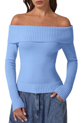 QINSEN Cotton Off The Shoulder Sweater for Women Long Sleeve Ribbed Knit Pullover Sweater Slim Fit Going Out Tops