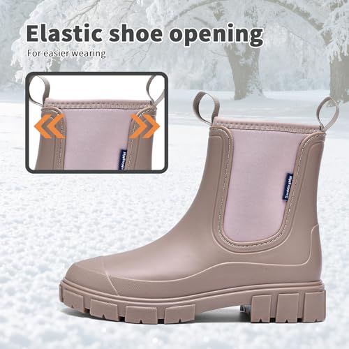 GemChve Gummistiefel Damen Winter, Chelsea Boots Gefüttert Wasserdicht, Gummistiefeletten Halbhohe Gartenschuhe, Rutschsicher Regenschuhe, Abriebfest Komfort Schlupfstiefel Brown 41 EU