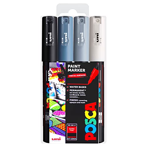 Posca PC-1M Paint Marker Art Pen – 0,7 mm – Tonos grises – Juego de 4 bolígrafos en una cartera