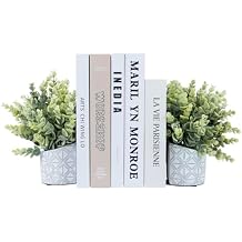 MyGift L-Shaped Decorative Bookends with Artificial Eucalyptus Plant Potted in Modern Geometric Embossed Gray Concrete Pot, Book Ends for Shelf Desk Nook Decor, 1 Pair