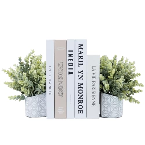 MyGift L-Shaped Decorative Bookends with Artificial Eucalyptus Plant Potted in Modern Geometric Embossed Gray Concrete Pot, Book Ends for Shelf Desk Nook Decor, 1 Pair