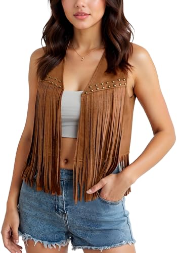 Maeau - Gilet Femme Franges Sans Manches en Daim Style Bohème Hippie Ouverte Vest Festival S Marron