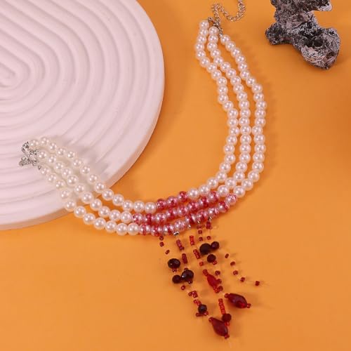 Dripping Vampire Necklace for Women Gothic Blood Pearl Choker Layered Bleeding Pearls Vampire Necklaces Halloween Dark Bridal Vampires Witch Party Jewelry Accessories3
