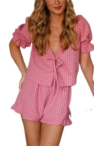 Image of Thopavenoir Women 2 Piece Casual Lounge Sets Y2k Puff Sleeve Peplum Shirt Tie Front Tee Shirt Shorts 2pcs Pajamas Sets