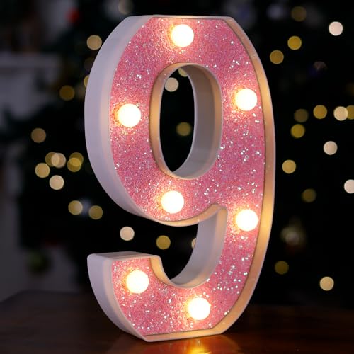 Image of LED Letter Lights Pink Glitter Marquee Letters Light Up Alphabet Letters Sign Battery Powered for Home Party Decoration Night Bar Wedding Birthday Christmas Lamp Girls Gift - Number 9