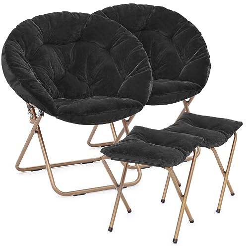Magshion Round Foldable Oversized Moon Saucer Chair for Adults with Ottoman Foot Rest Large Cozy Chair for Bedroom, Black 2-Set