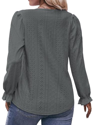 DOLNINE Plus Size Tops for Women V-Neck Puff Long Sleeve Eyelet Drawstring Shirts2