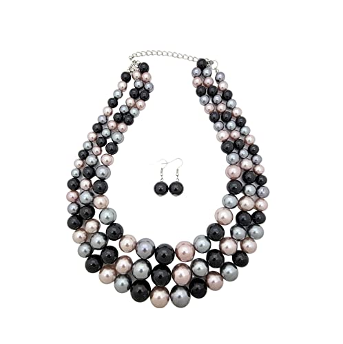BA UNIQUE FASHION Simulated Pearl Necklace and Earring Set for Women, Multi Strand Beaded Necklace with Drop Earrings, Adjustable Stainless Steel Chain, Statement Jewelry Set (Black Mix)