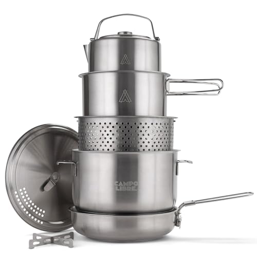 Campo Libre.® ENZO Set Pentole da Campeggio – Pentole e Padella in Acciaio Inox Resistente con Tecnologia ProCore, Compatibile con Fornello Elettrico, Induzione, Gas, Compatto e Impilabile. 8 pezzi