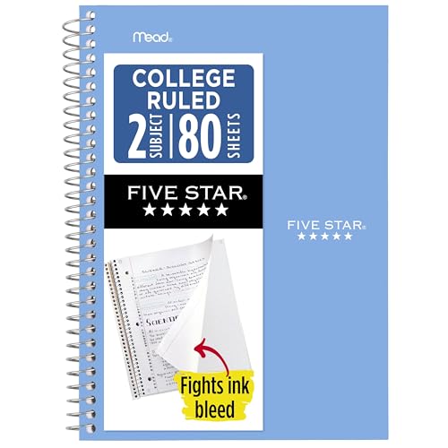 Five Star Spiral Notebook, 2 Subject, College Ruled Paper, 6' x 9.5', 80 Sheets, Blue (Color May Vary) (840029CG1)