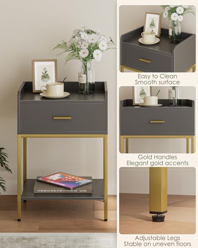 Image of Masupu Gray Nightstand,3-Tier Modern Bedside Table Night Stand with Storage Drawer and Shelf,Small End Side Table for Bedroom,Living Room,(Without Outlet,)
