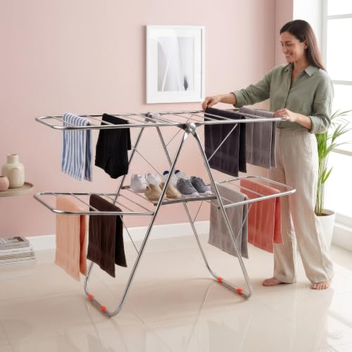 Image of Plantex Cloth Stand for Home /Stainless Steel Foldable Colth Stand /Double Layer Cloth Drying Rack for Balcony - Pack of 1 (Bloom, Chrome)