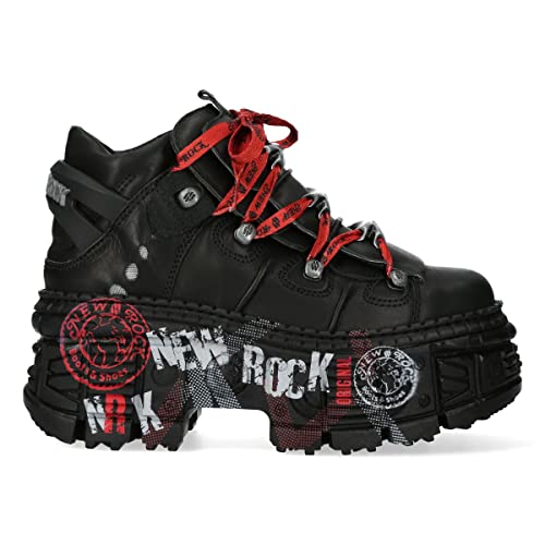 New Rock Stiefel WALL106-C9 Unisex Metallic Schwarz Leder Plattform Gothic Boots - schwarz 45