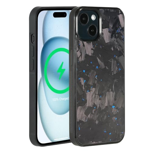 molzar Grip Series for iPhone 15 Case with Real Forged Carbon Fiber, Grippy Edges Design, Built-in Magnets, Compatible with MagSafe Chargers and Accessories, Matte Black/Blue