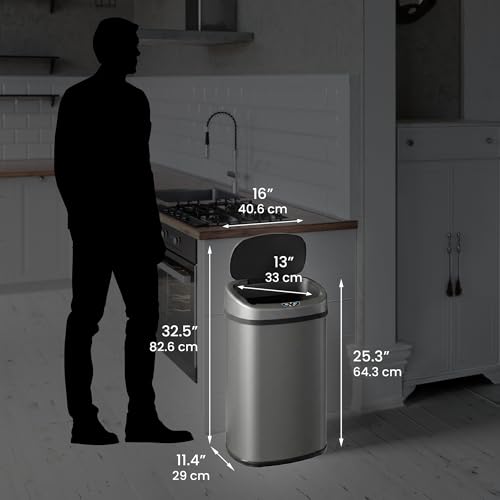 Image of SensorCan 13 Gallon Automatic Sensor Trash Can with Lid, AC Adapter Included, AbsorbX Odor Control, Gunmetal Gray Stainless Steel Kitchen Garbage Bin, Fingerprint-Proof, Hands-Free Operation, Oval
