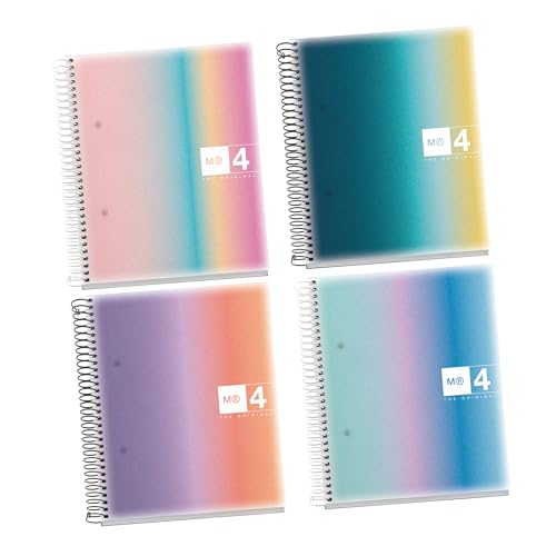 Miquelrius - Pack 4 cuadernos A5, 120 Hojas 70 g/m², Cuaderno cuadriculado, Libretas de polipropileno, Espiral, 2 taladros para archivar, Ideales para la vuelta al cole o la oficina, Colección Aurora