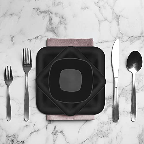 Melamine Dinnerware Set - 12 Pcs Melamine Plates Indoor And Outdoor Use Matte Black Plates And Bowls Dinnerware Sets Summer Fall Camping Dish Set For 4 Dishwasher Safe（Square） #TOP2