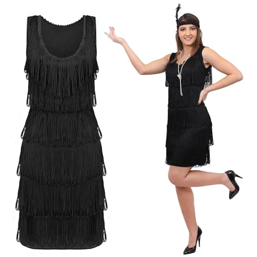 Black Deluxe Flapper Dress - Ladies Deluxe Black Flapper Costume with Matching Sequin Headband and Silver Pearl Necklace - 1920's Party Dress