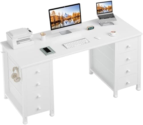 White Computer Desk with Fabric Drawers for Storage, 55 inch Home Office Desk with 8 Fabric Drawers, Writing Study Desk with Drawers on Both Sides for Bedroom