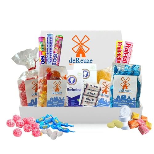 deReuze Dutch Sweets and Treats Gift Box – Butterscotch, Raspberry & Fruit Flavored Hard Candy, Dutch Mints & Fruity Chews – Imported Candy Variety Pack for Gifting, Holidays & Self Treats