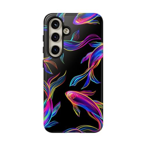 Coque rigide brillante Samsung S24 Noir au motif poisson coloré fluo unique