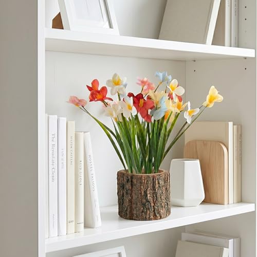 Image of Dekorly Artificial Grass Lily Flower with Real Wooden Vase (28CM Overall Height) | Decorative Lifelike Faux Floral Plant in Rustic Tree Log Pot for Living Room (Grass Lily)
