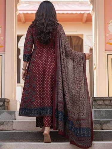 Image of ASSUME FAB Women's Blue Viscose Ajrakh Print Anarkali Kurta with Pant & Dupatta Set | Ethnic V-Neck Flared Salwar Suit for Wedding