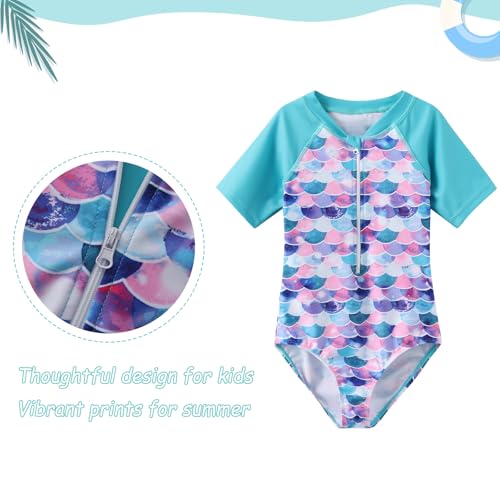 Image of Girls One Piece Rash Guard Swimsuits for Girl Short Sleeve Bathing Suits with Front Zipper Sun Protection Swimwear 3-16 Years