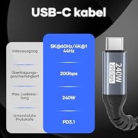 USB C Datenkabel,USB C Kabel 3M,20Gbps USB 3.2 Gen2×2 240W,Lade-5K@60Hz 4K@144Hz Videokabel usb c auf USBC PD3.1 Ladekabel für iPhone 17 Pro Max/Plus/Pro/iPhone 16/15/MacBook Pro/iPad Pro,PSSD – Ansicht 6