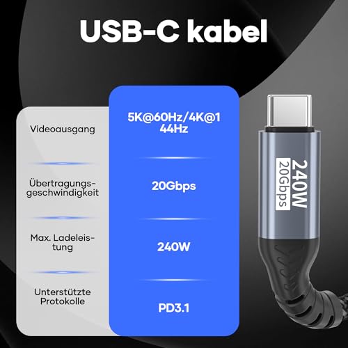 USB C Datenkabel,USB C Kabel Kurz 30CM,20Gbps USB 3.2 Gen2×2 240W,Lade-5K@60Hz 4K@144Hz Videokabel usb c auf USBC PD3.1 Ladekabel für iPhone 17 Pro Max/Plus/Pro/iPhone 16/15/MacBook Pro/iPad Pro,PSSD