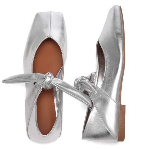 Square Toe Ballet Flats for Women Bow Mary Jane Flats Slip On Dress Ballerina Shoes
