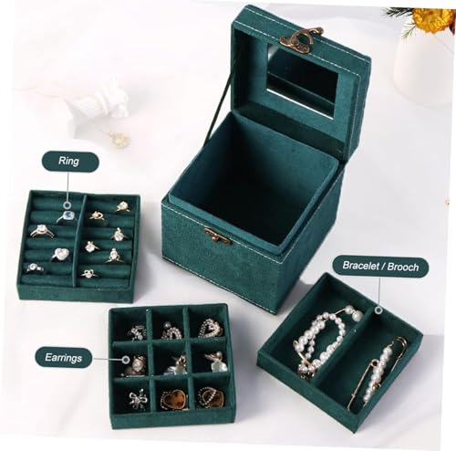 Image of Velvet Three Layer New Vintage Flannel Jewelry Box Earrings Earrings Rings Necklace Bracelets Jewelry Organiser Storage Case With Drawer For Girls Women Dark Green (AB-01)