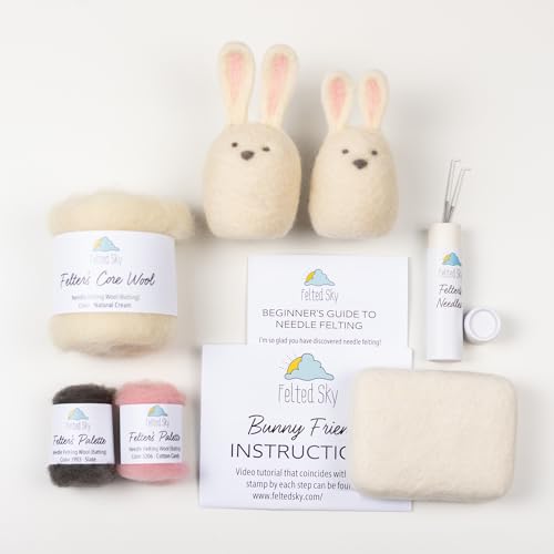 Image of Felted Sky Bunny Friends Needle Felting Kit Learn How to Sculpt with Wool | Beginner Friendly for Adults and Teens | Includes Everything to Create 2 Easter Rabbits | Has Video Instructions