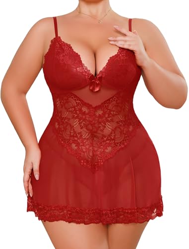 Image of Alrovetoney Women Plus Size Babydoll Lingerie Lace Chemise Mesh Sleepwear Strappy Sexy Nightgown Boudoir Outfit L-4XL