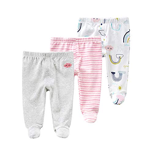 Image of Teach Leanbh Newborn Baby 3 Pack Footed Pants Cotton Embroidery Pringting Casual Leggings 0-12 Months