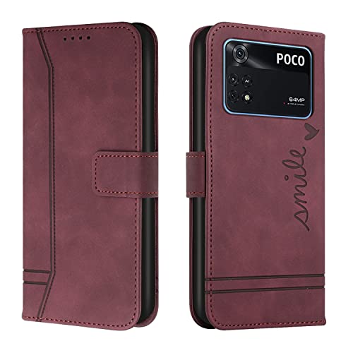 QIWEIQINGWH Funda Xiaomi Poco M4 Pro 4G con Tapa, Funda Movil Xiaomi Poco M4 Pro 4G, Funda Libro Xiaomi Poco M4 Pro 4G Carcasa Magnético Funda para Xiaomi Poco M4 Pro 4G .Red Wine HX Cover