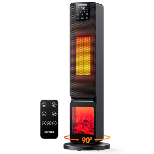 KOMORE Heater with Fireplace, 2000W PTC Electric Heater for Home, 90°Oscillation Fan Heater, LED Display, 4 Modes, ECO Adjustable Temperature, 12H Timer, Remote Control, Overheat & Tip Over Protection