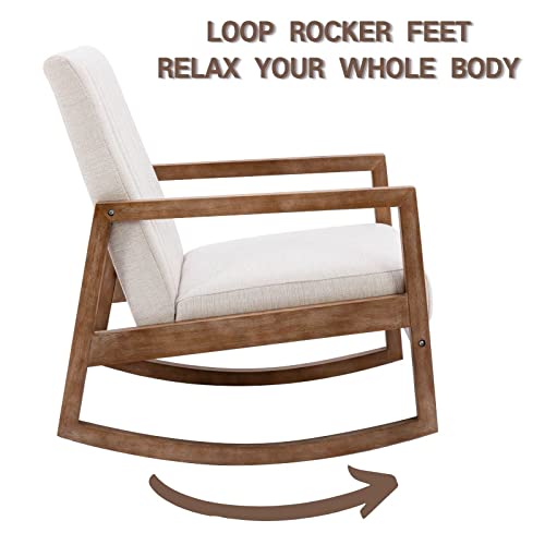 Hny Set Of 2 Mid Century Rocking Nursery Chair With Wood Frames, Linen Upholstered Farmhouse Living Room Armchair, For Living Room Bedroom, Beige #TOP5