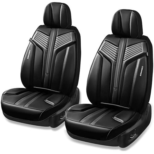 Image of CAR PASS Nappa Leather Car Seat Covers Front Seats, Luxury Cushioned Front Seat Covers, Waterproof Drive Seats Anti-Slip Full Coverage Universal Fit for SUV Truck Sedan Automotive Black (2pcs, Black)